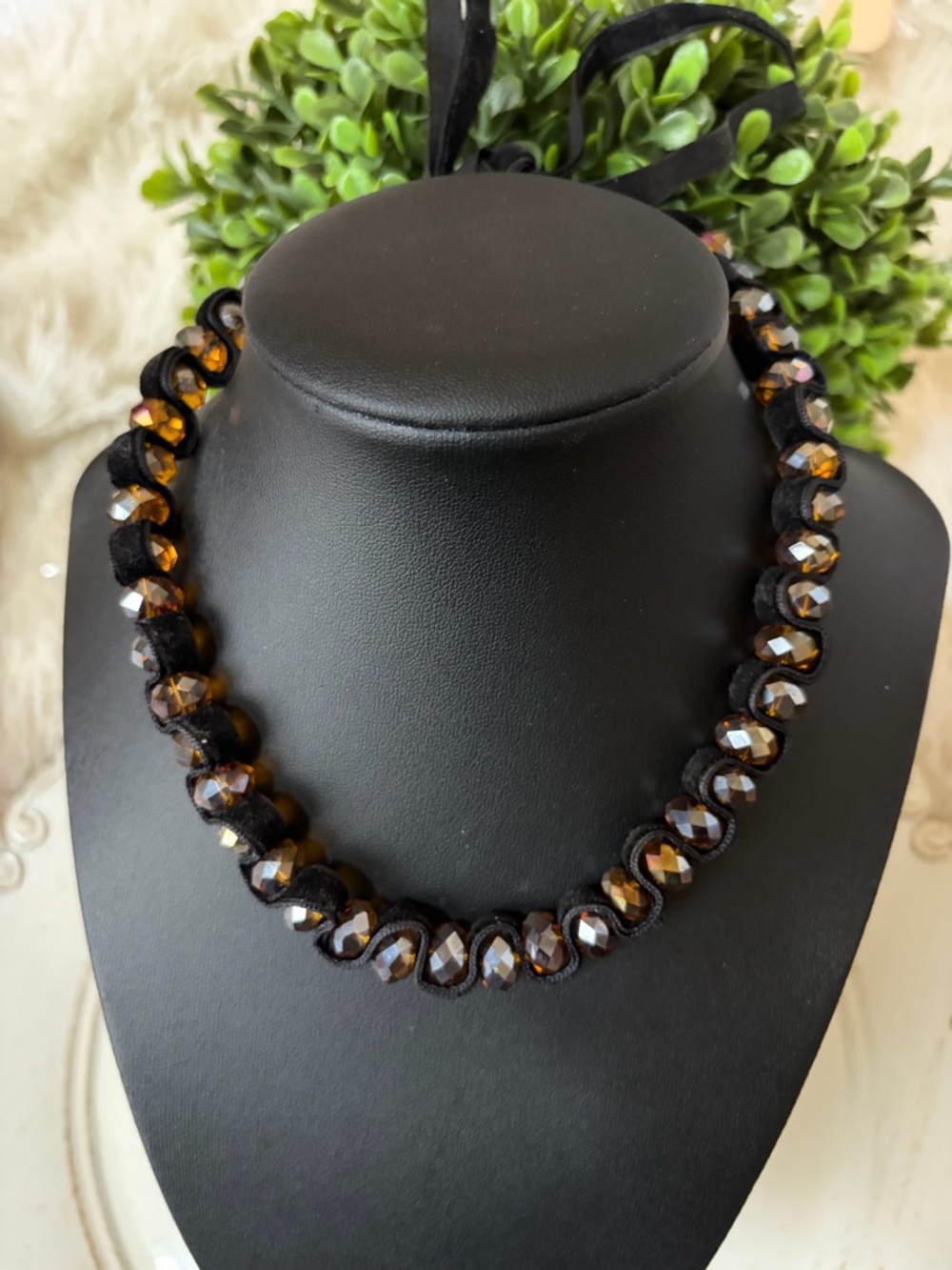 Black Ribbon Necklace with Amber Faceted Beads